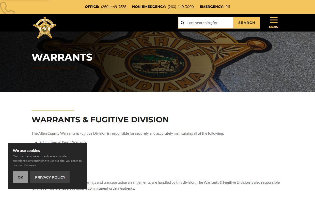 Allen County Sheriff warrants page showing warrant types and contact information
