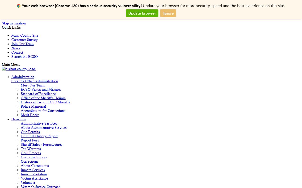 Elkhart County Sheriff Office homepage for Goshen Indiana warrant records and law enforcement contact