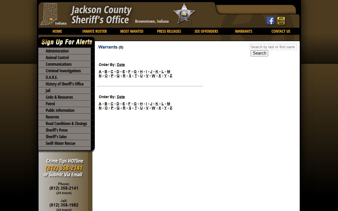 Jackson County Sheriff warrants page listing active Jackson County warrant records