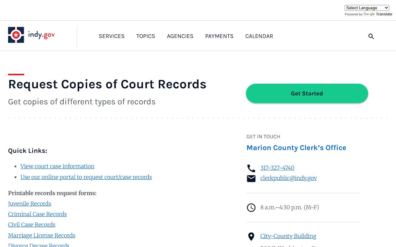 Marion County court records access information for warrant cases and criminal history in Indianapolis