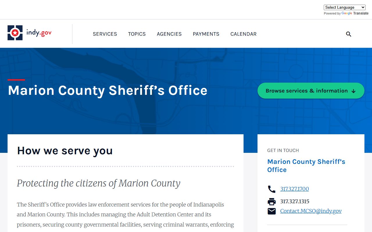 Marion County Sheriff's Office agency page on indy.gov showing services and contact information for Indianapolis