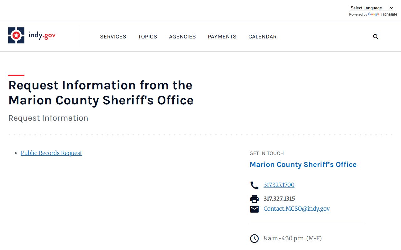 Marion County Sheriff's Office public records information request page for warrant and criminal records