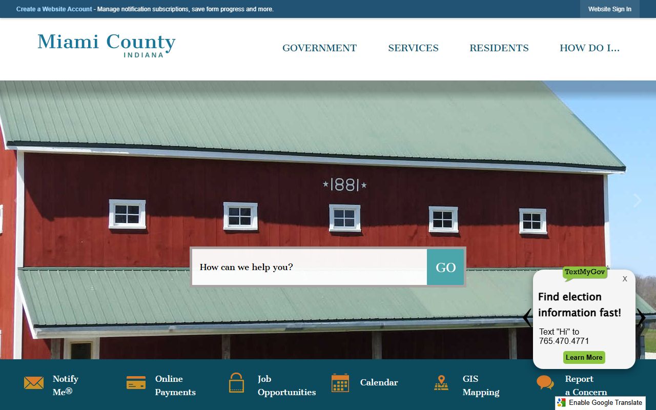 Miami County government homepage showing local agency contacts and Sheriff's Office information for warrant records in Peru Indiana