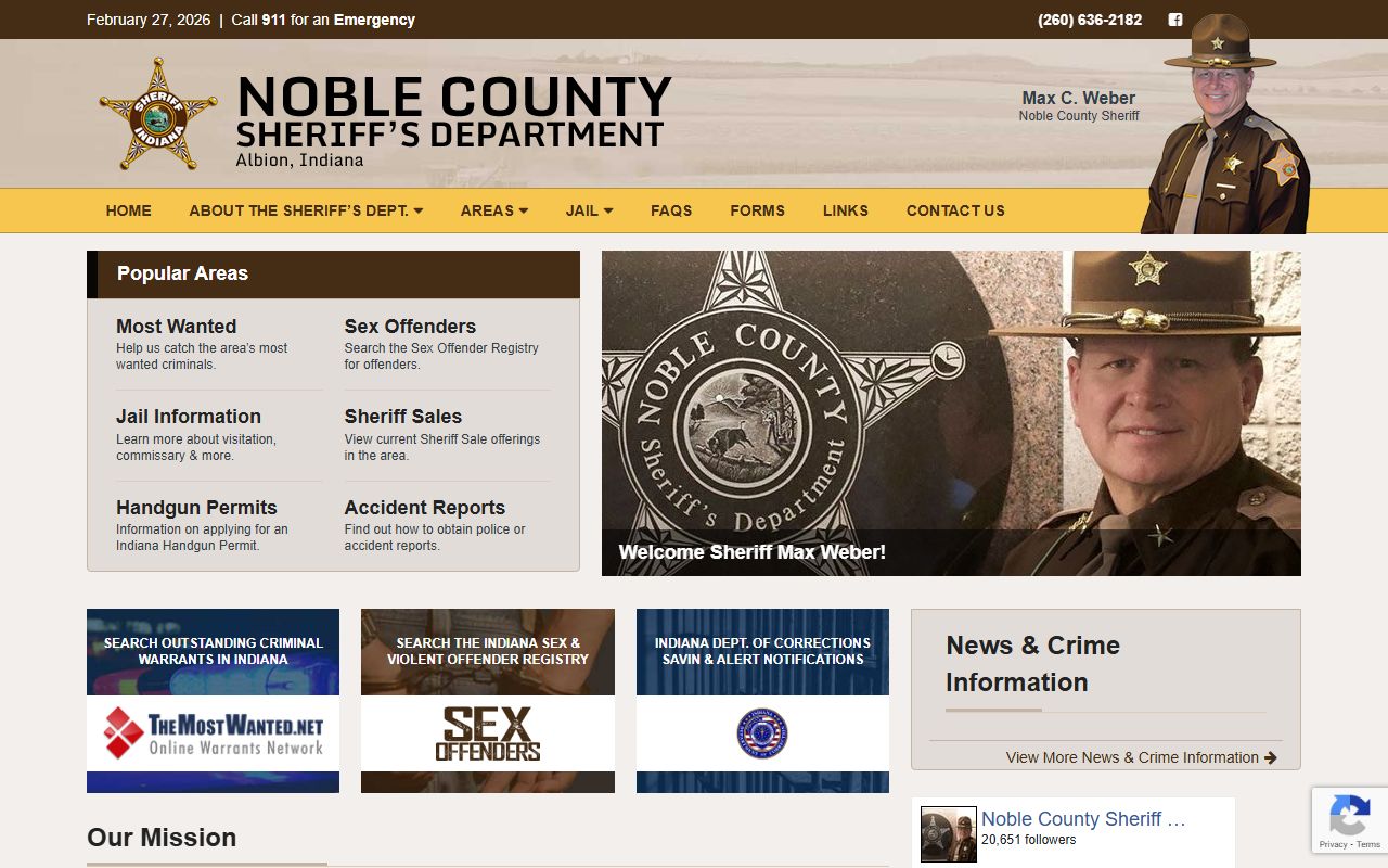 Noble County Sheriff's Department homepage for warrant records and public safety information in Albion Indiana