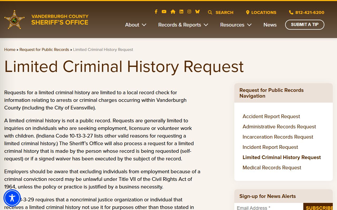 Vanderburgh County Sheriff criminal history records page for Evansville Indiana