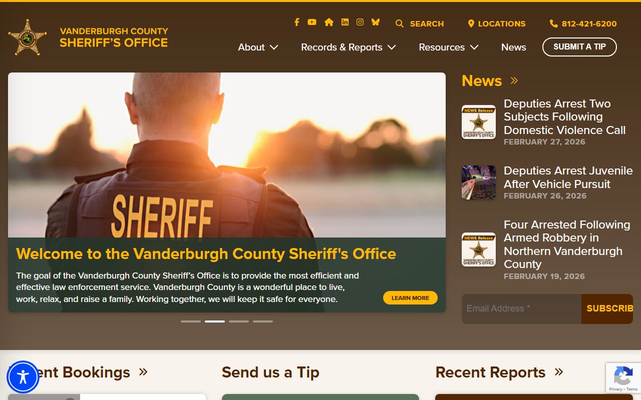 Vanderburgh County Sheriff's Office homepage for warrant records and public records in Evansville