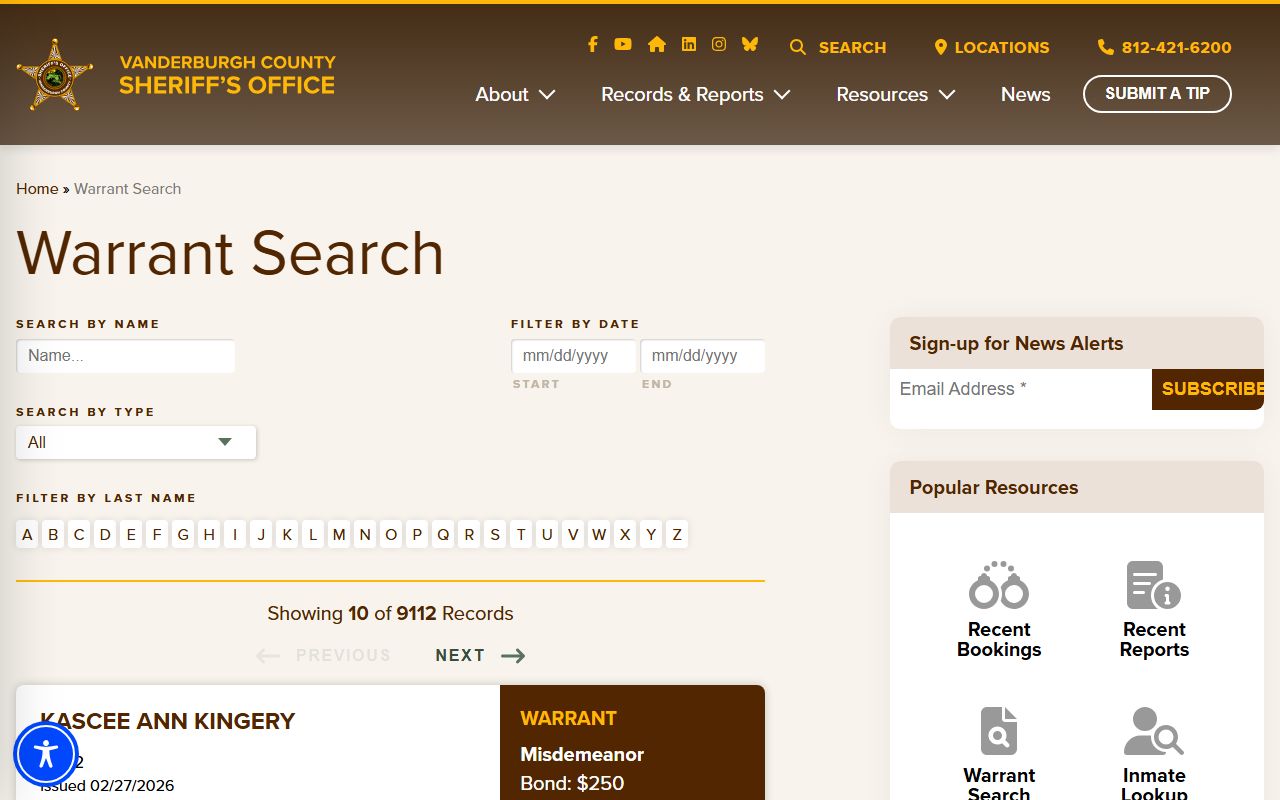 Vanderburgh County Sheriff warrant search page for finding active warrant records in Evansville Indiana