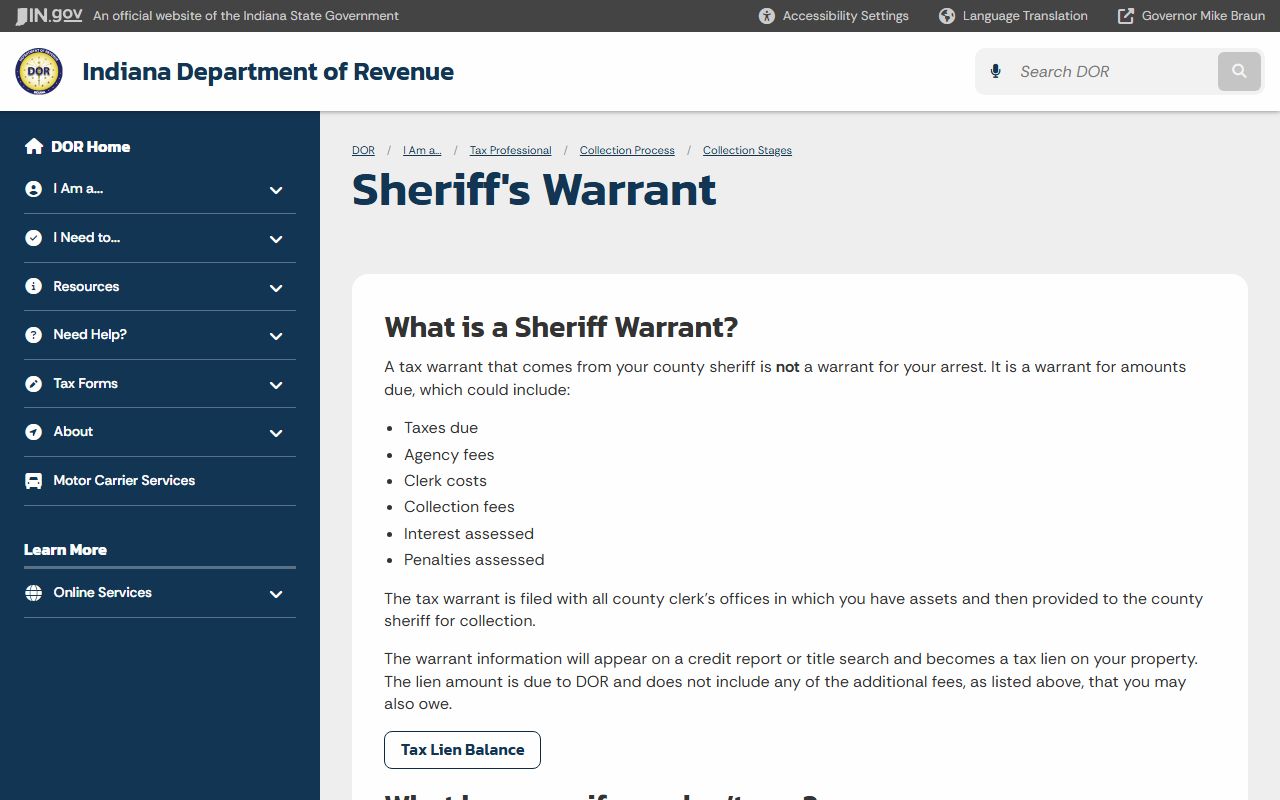 Indiana Department of Revenue sheriff warrant information page explaining tax warrant records and collection process