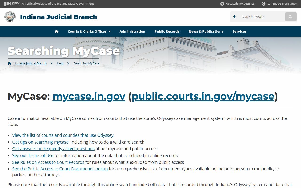 Indiana MyCase help center providing guidance on searching warrant records and accessing court case documents