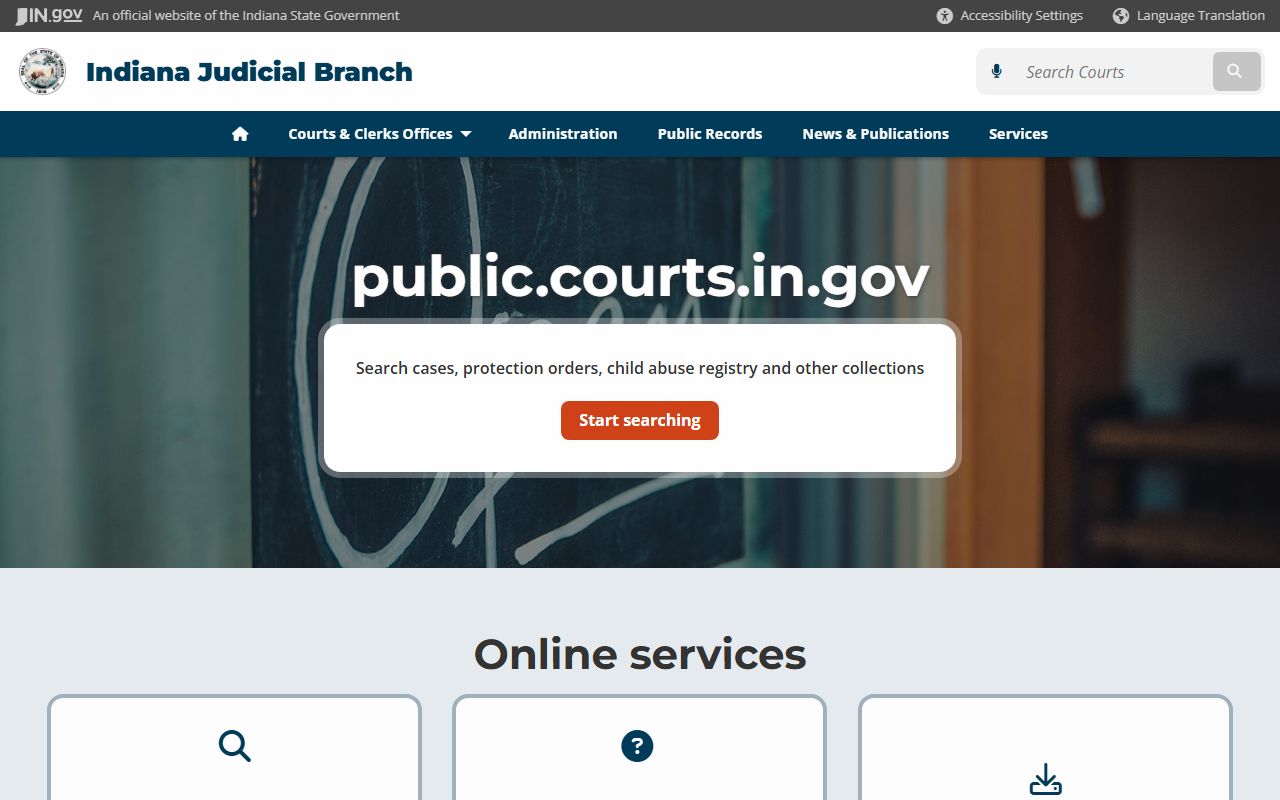 Indiana court public records portal linking to warrant records search tools and criminal history databases
