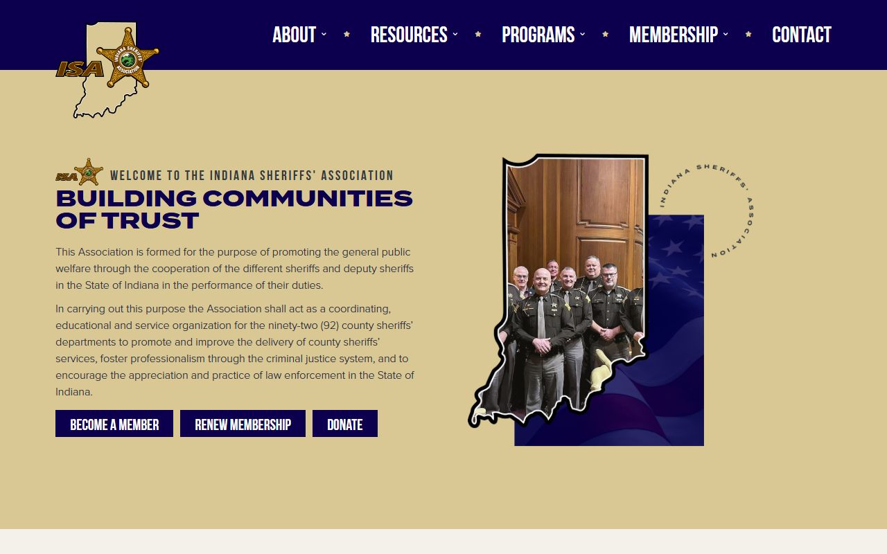 Indiana Sheriffs Association website coordinating all 92 county sheriffs for warrant records and law enforcement resources