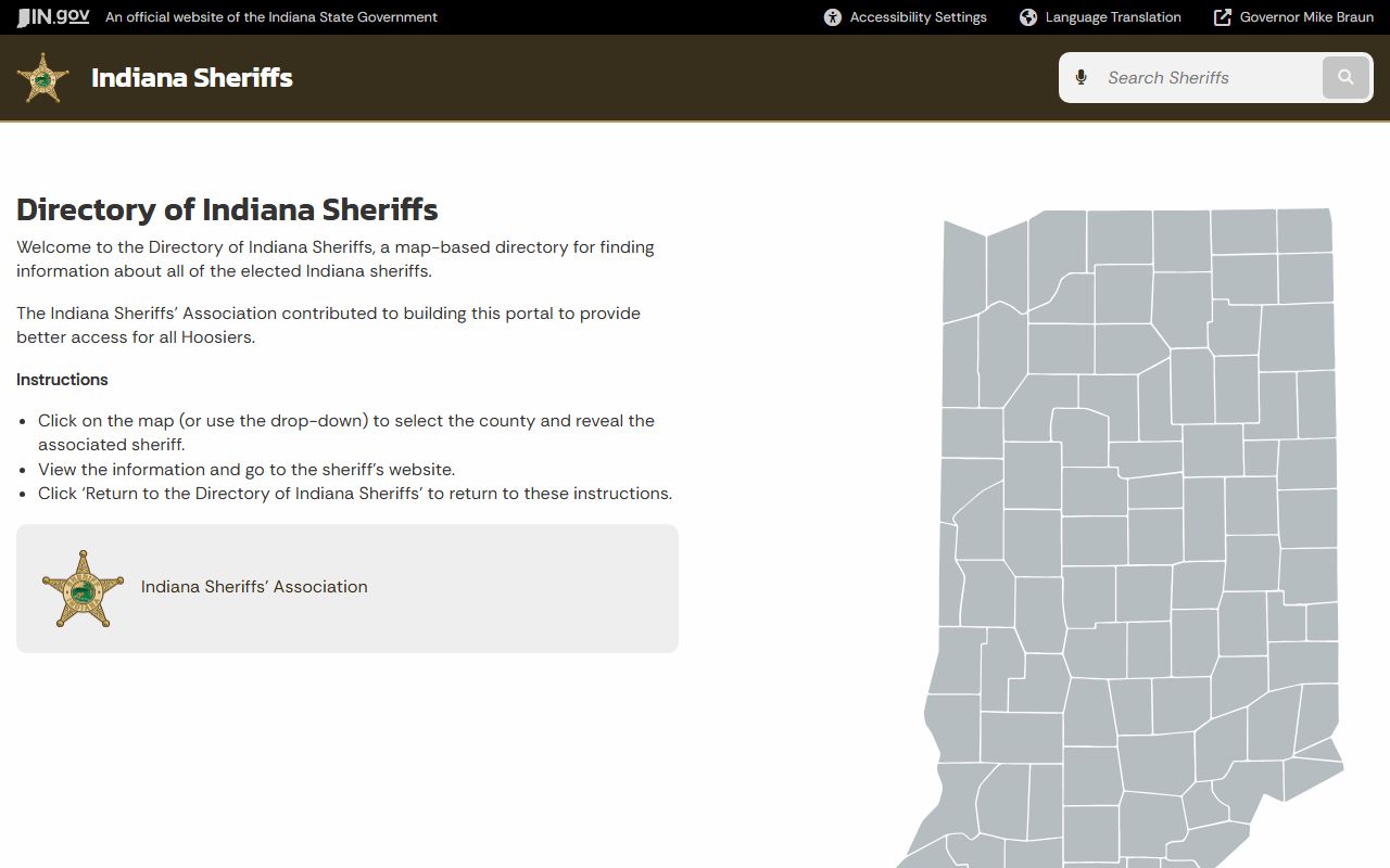Indiana statewide sheriff directory map linking to all 92 county sheriff offices for warrant records